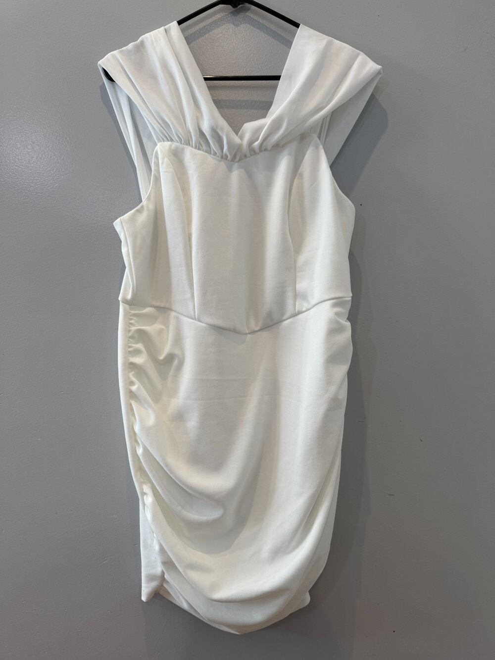 SHEIN Curve 0XL White Ruched Bodycon Midi Dress Draped Cowl Cape Sleeve Plus